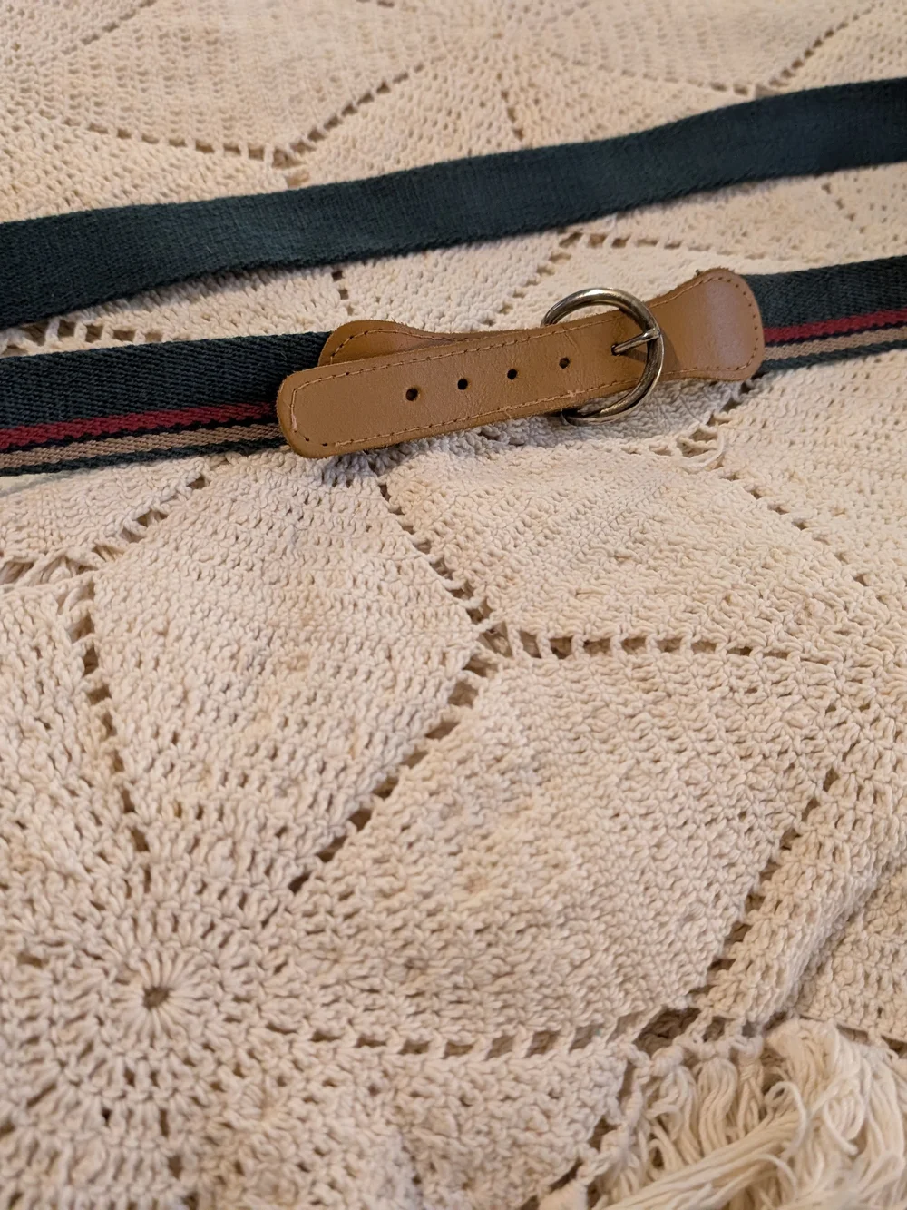 Vintage Forest Green Genuine Leather Tan Stripe Adjustable Webbing Belt Women's